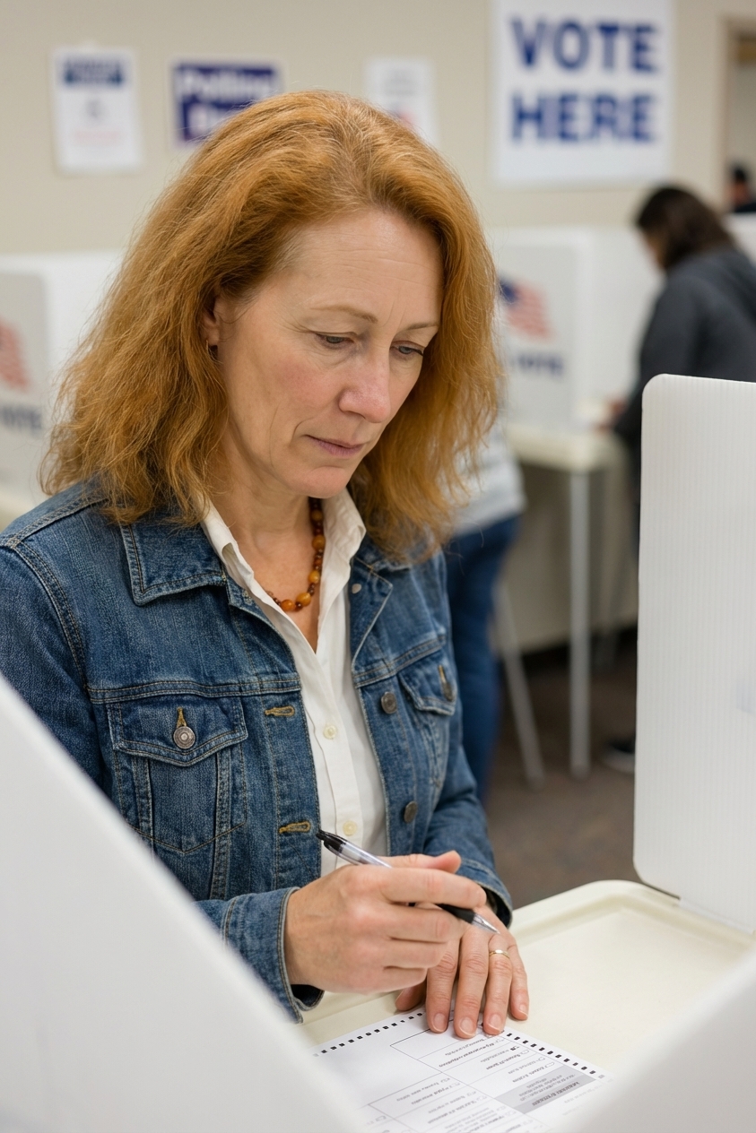 A photorealistic close-up photograph of a voter standing in a privacy voting booth at a local polling place, with soft indoor lighting and election signage blurred in the background