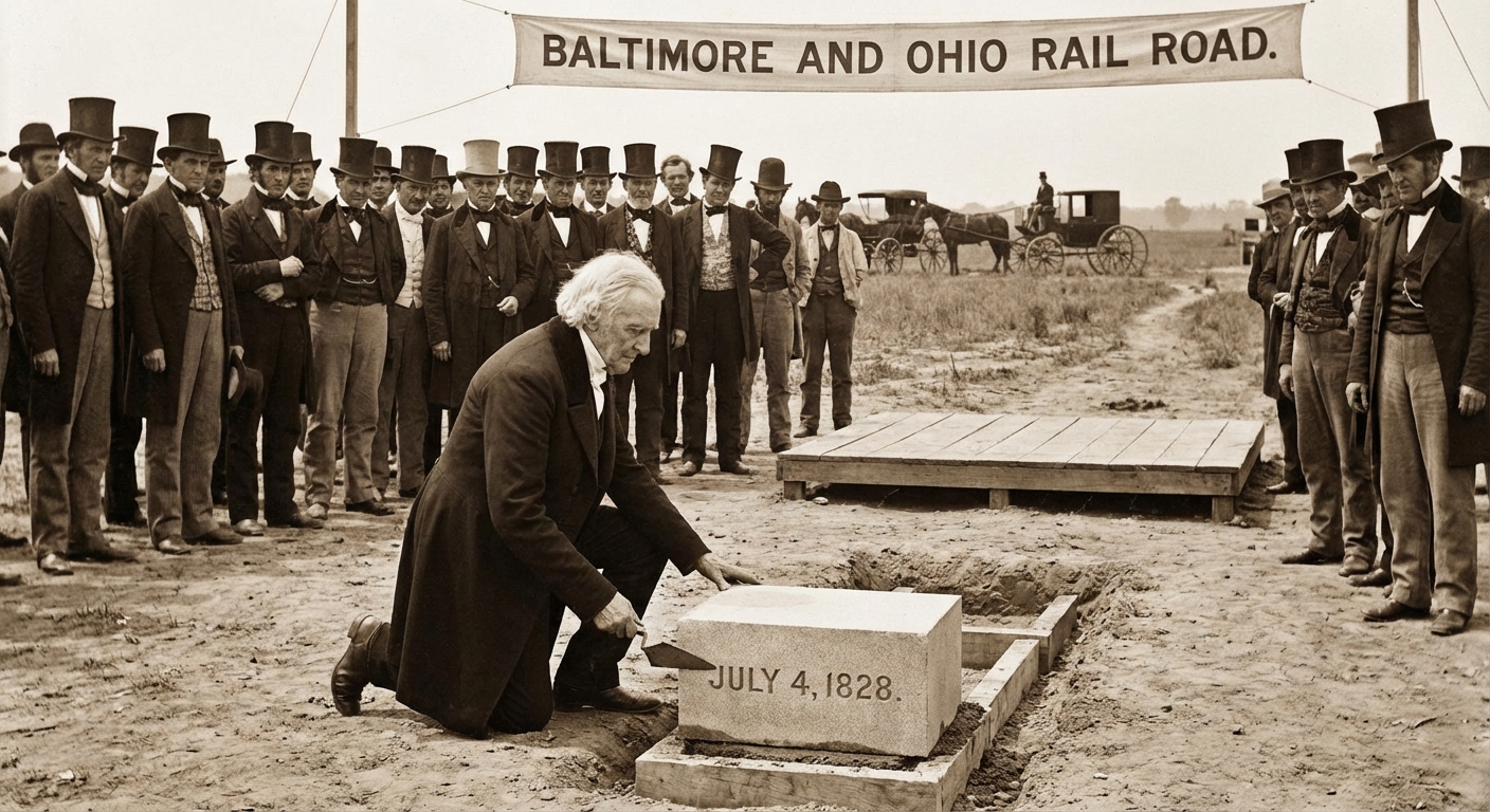 91-year-old Charles Carroll laying the cornerstone for the Baltimore and Ohio Railroad