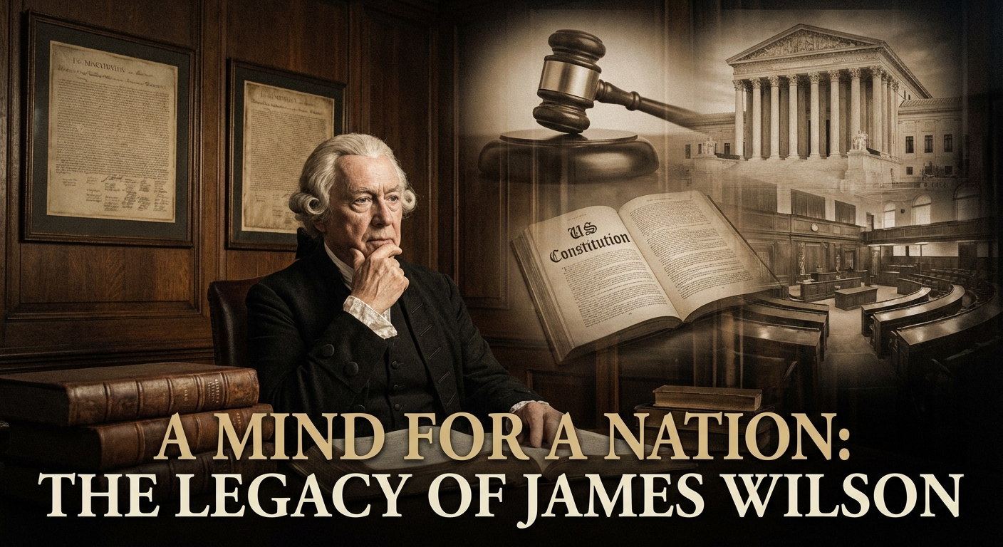 A contemplative James Wilson, with images representing his intellectual legacy and contributions to American political and legal systems in the background.