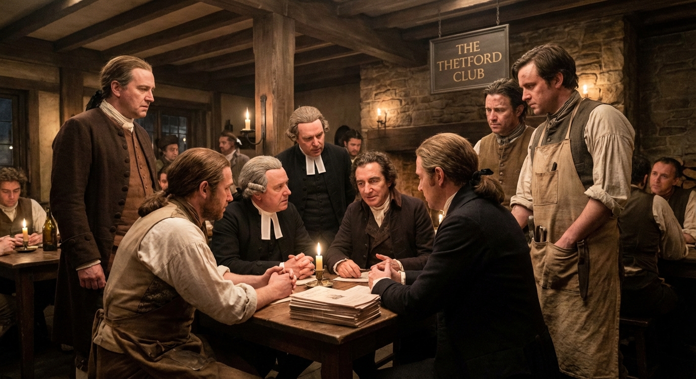 A scene illustrating the religious and political influences on Thomas Paine's thinking, including his interactions with Dissenters and radical craftsmen in 1770s London.