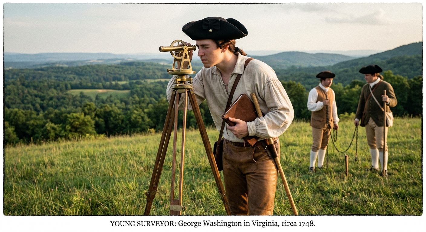 A teenage George Washington surveying land in Virginia