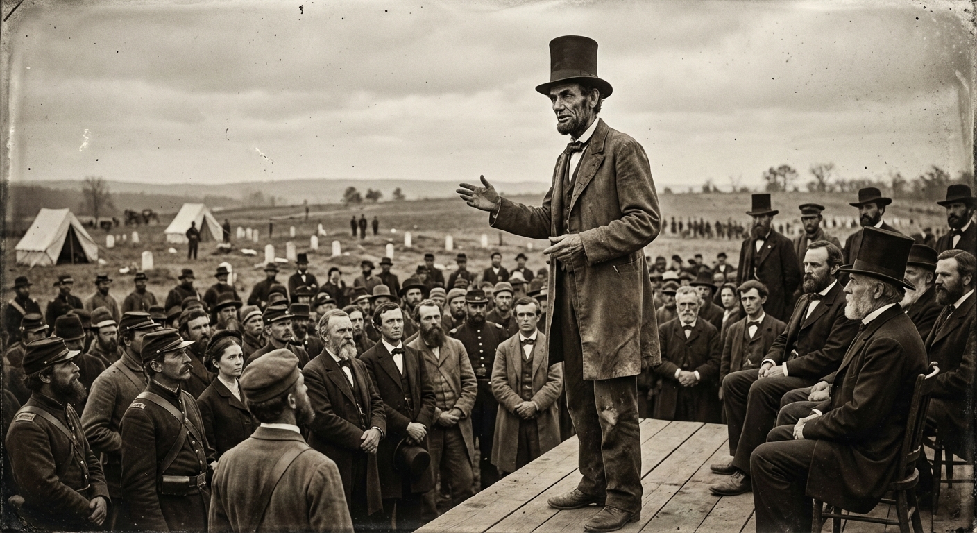 Abraham Lincoln delivering the Gettysburg Address, showcasing his oratorical skills and leadership during the Civil War