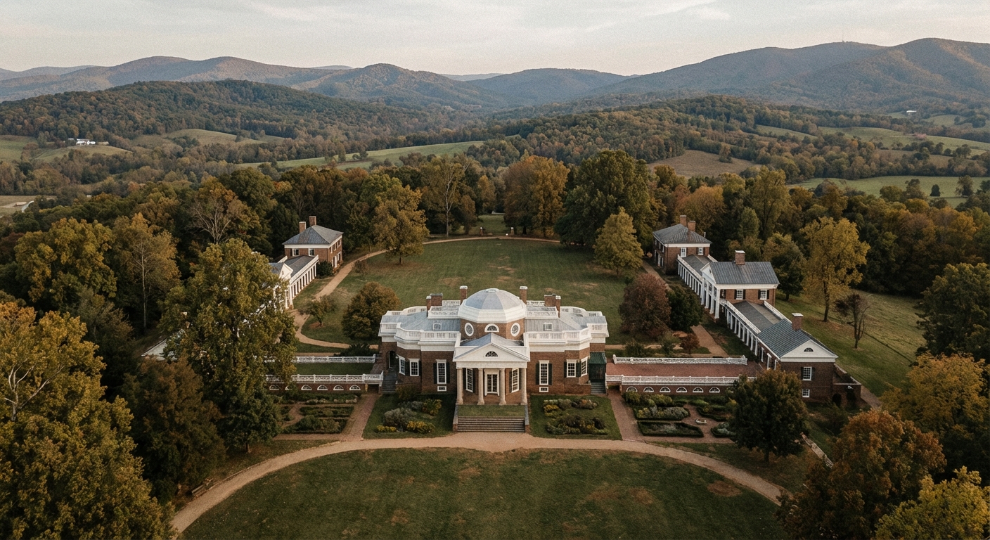 Aerial view of Monticello, Thomas Jefferson's plantation home in Virginia