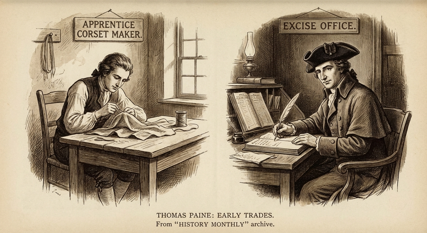 An illustration of Thomas Paine's early career experiences, including his work as a corset maker's apprentice and as a tax officer.