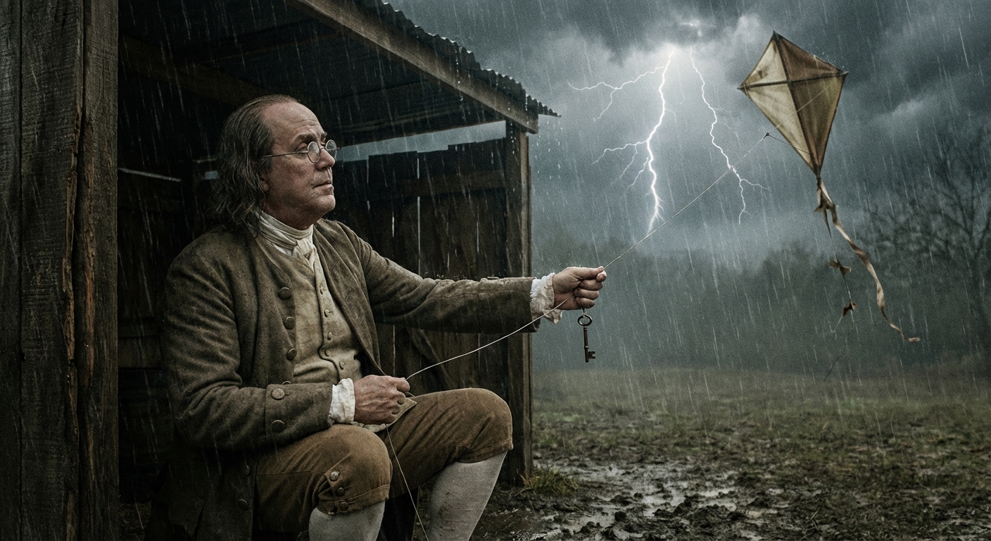 Benjamin Franklin conducting his famous kite experiment during a thunderstorm
