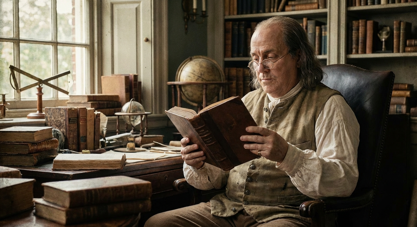 Benjamin Franklin reading a copy of The Spectator essays