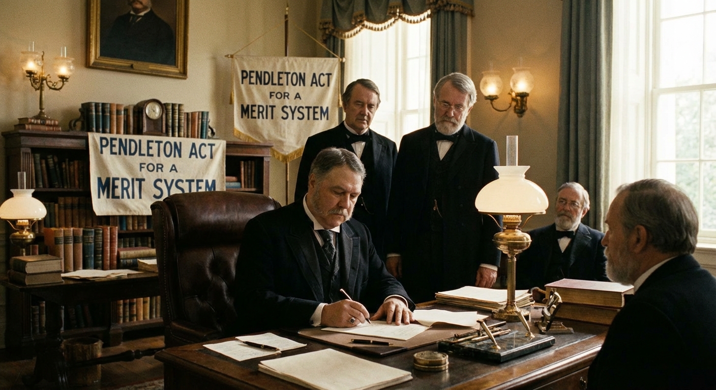 Chester Arthur signing the Pendleton Civil Service Reform Act, highlighting his commitment to reform