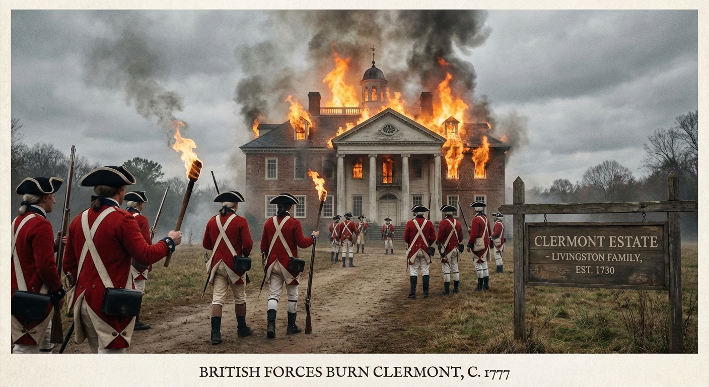 Depiction of British troops burning the Livingston family's Clermont estate during the American Revolutionary War
