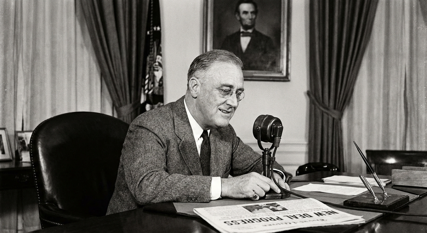 Franklin D. Roosevelt delivering a Fireside Chat, emphasizing his communication skills during challenging times