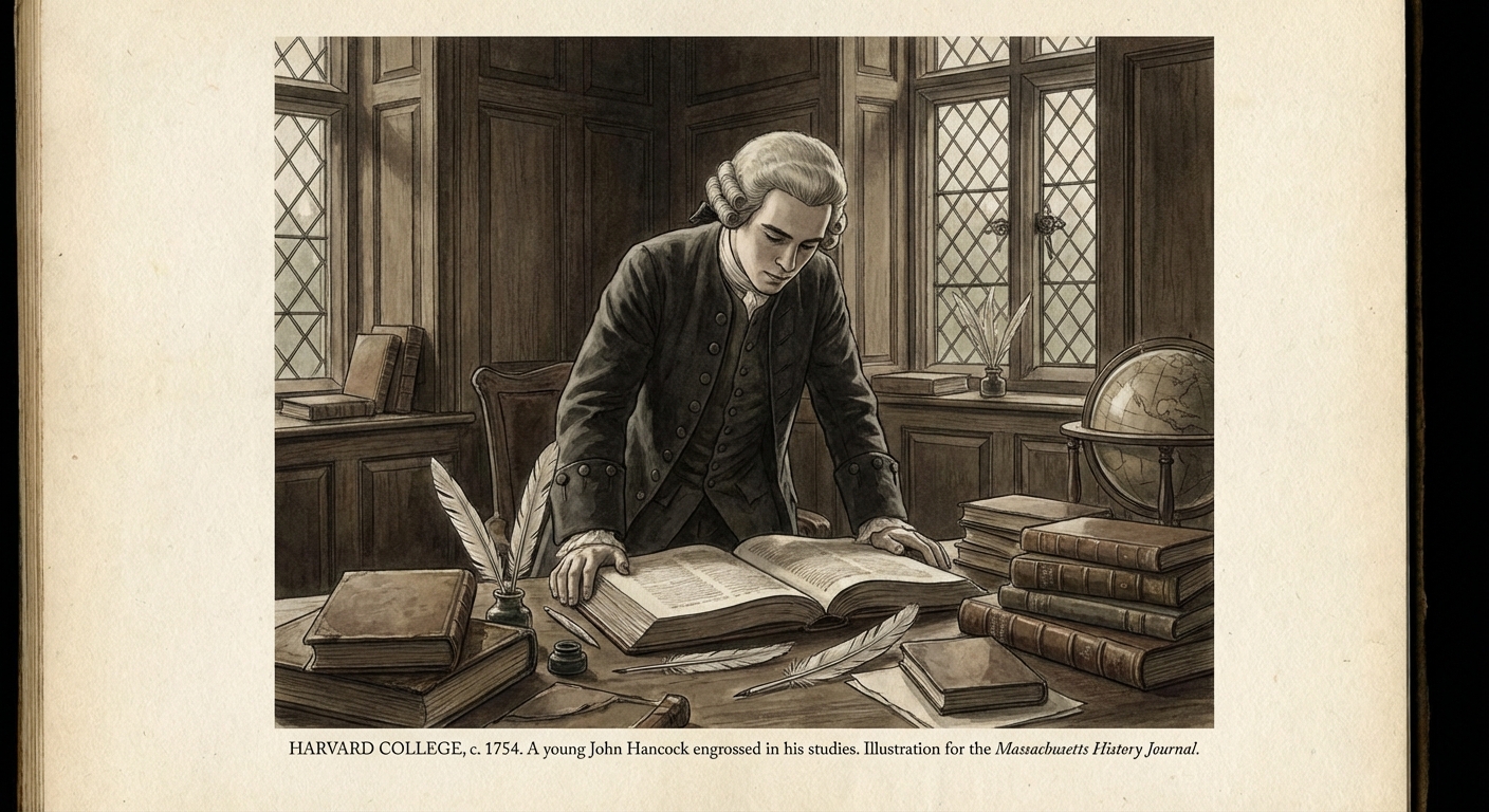 Illustration of John Hancock studying at Harvard College in the 1750s