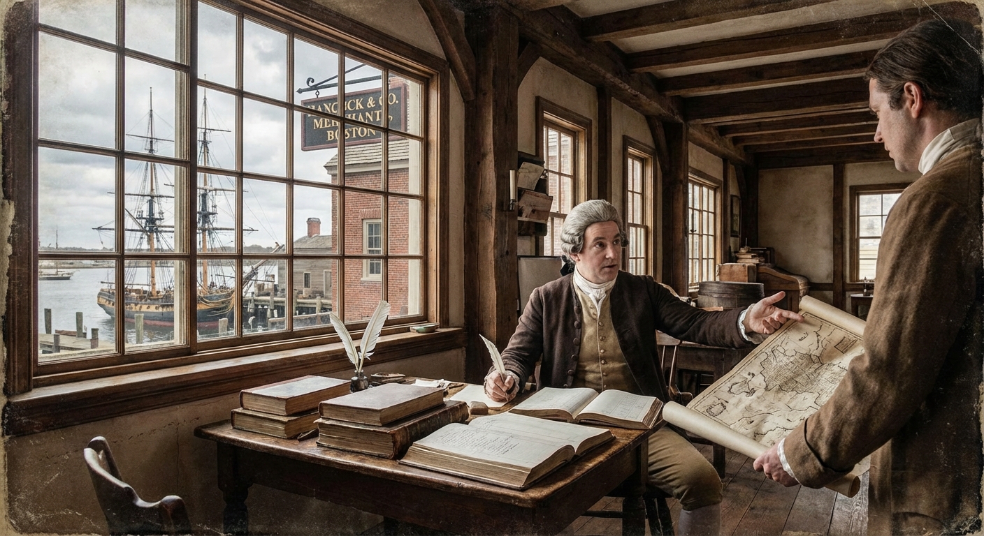 Illustration of John Hancock managing his inherited mercantile business in colonial Boston