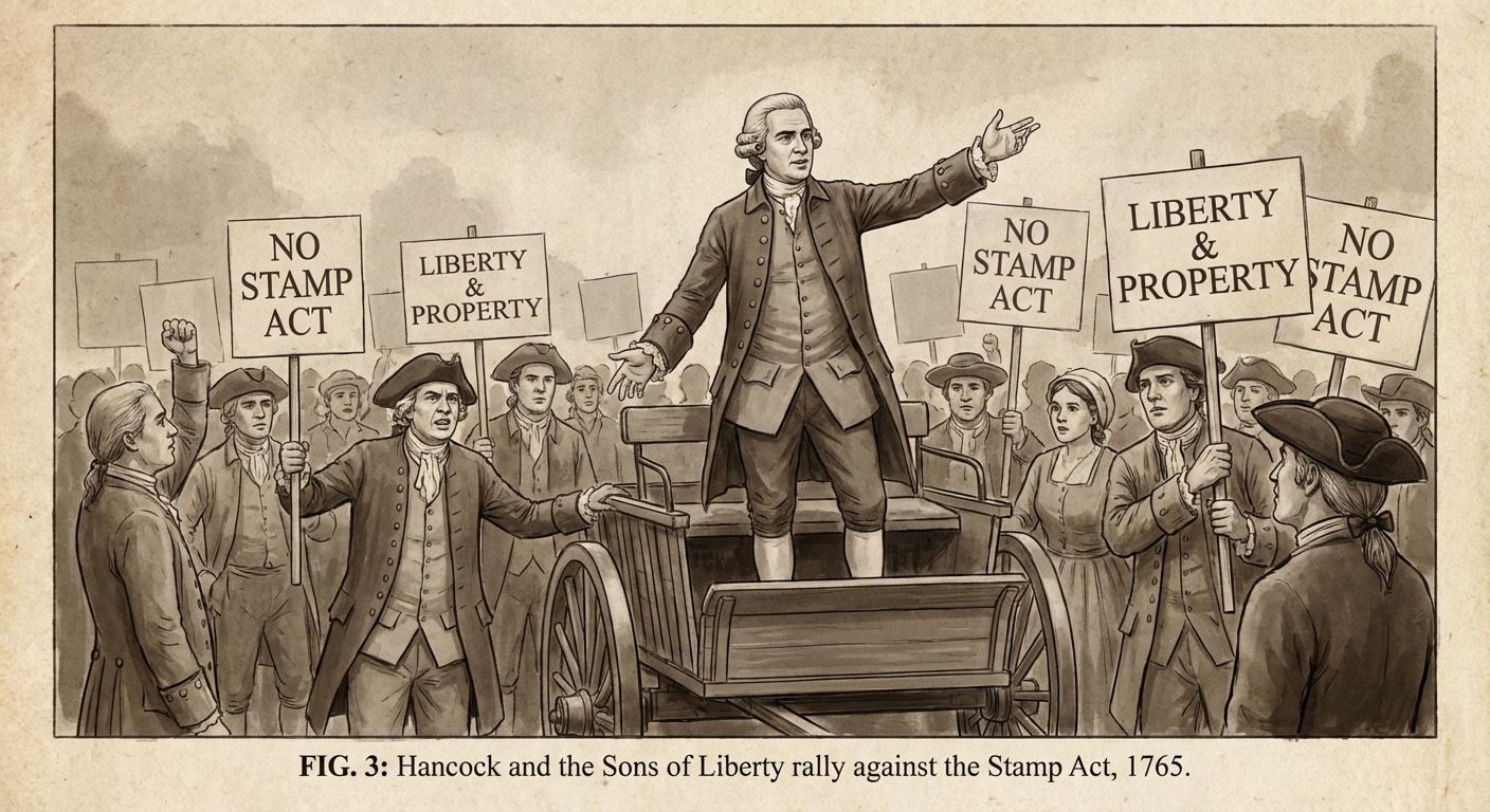 Illustration of John Hancock leading protests against the Stamp Act in Boston