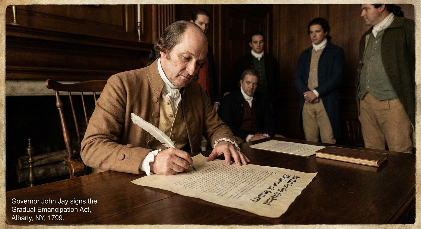 Illustration of John Jay signing the gradual emancipation act as Governor of New York in 1799