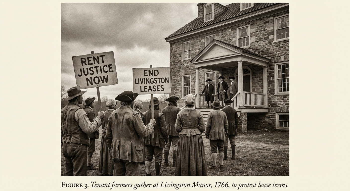 Illustration of tenant farmers protesting against the Livingston family's restrictive leases in colonial New York