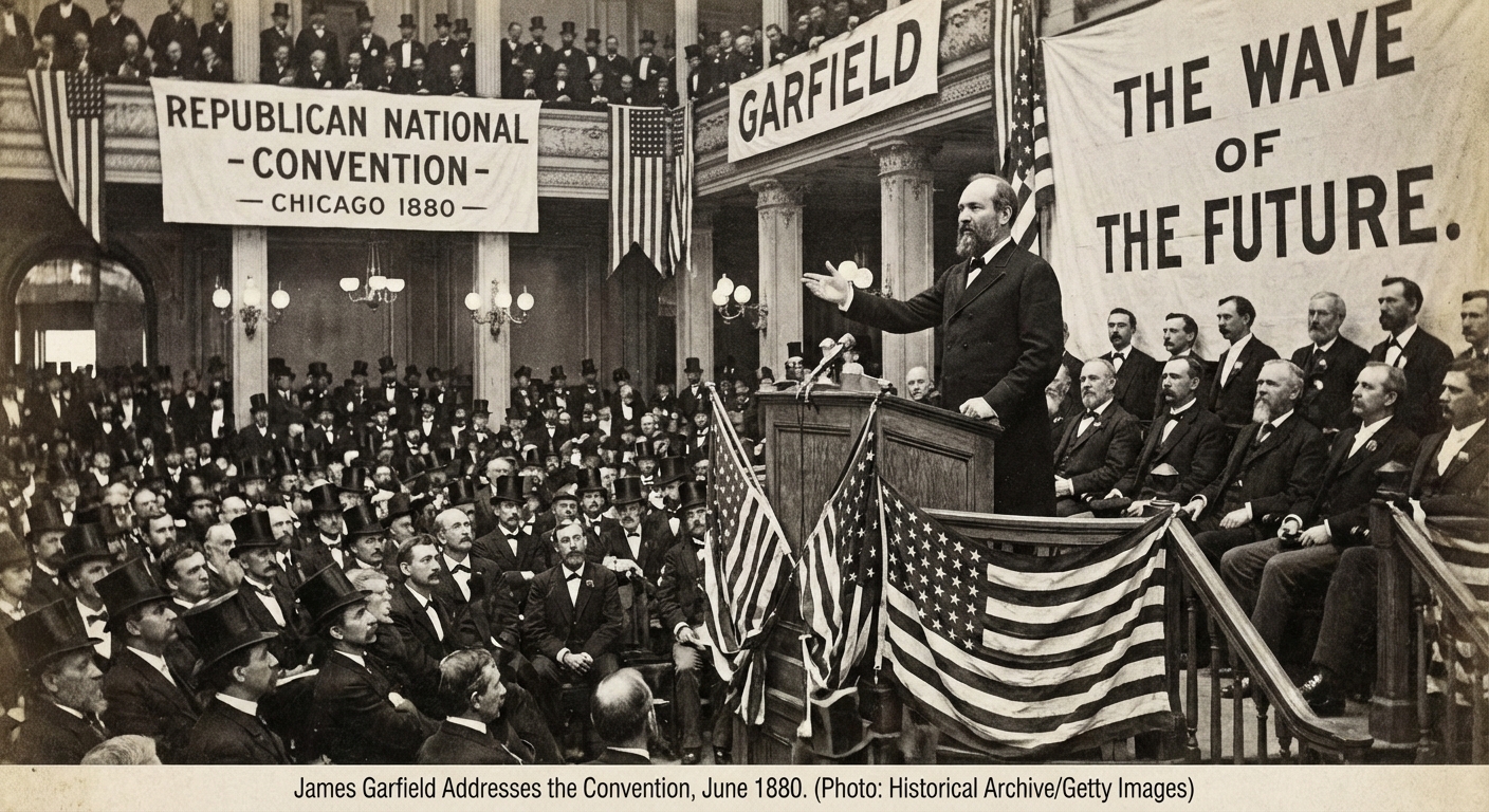 James Garfield delivering his 'Wave of the Future' speech at the 1880 Republican National Convention