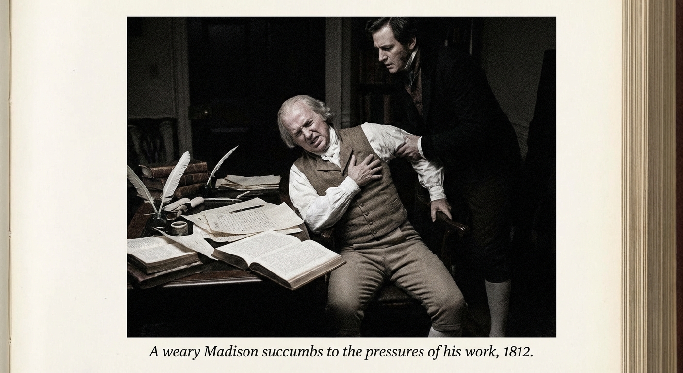 James Madison experiencing a stress-induced seizure while working intensely on political and intellectual matters