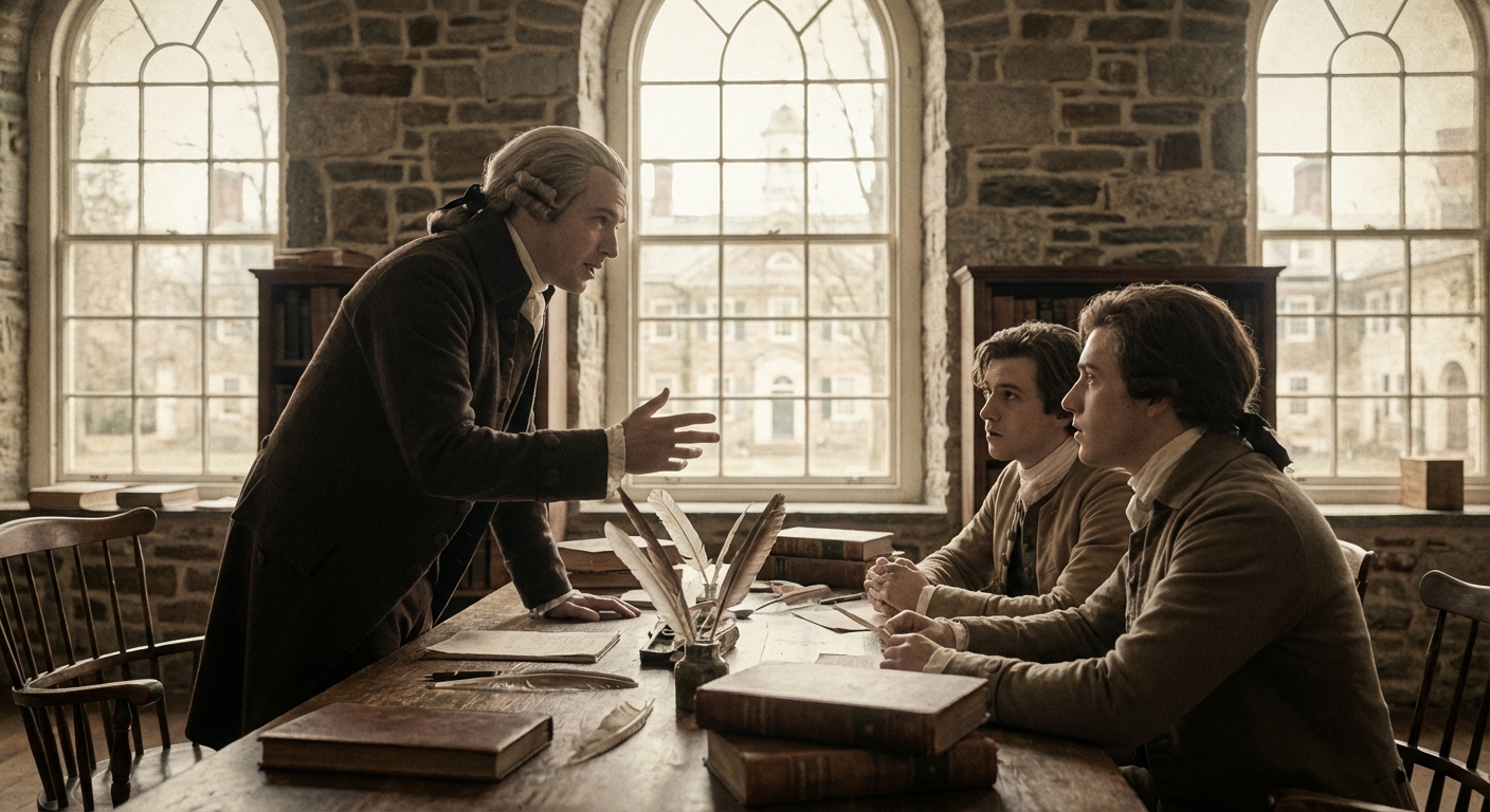 James Madison studying and engaging in intellectual discussions with classmates at the College of New Jersey (now Princeton University) in the late 18th century
