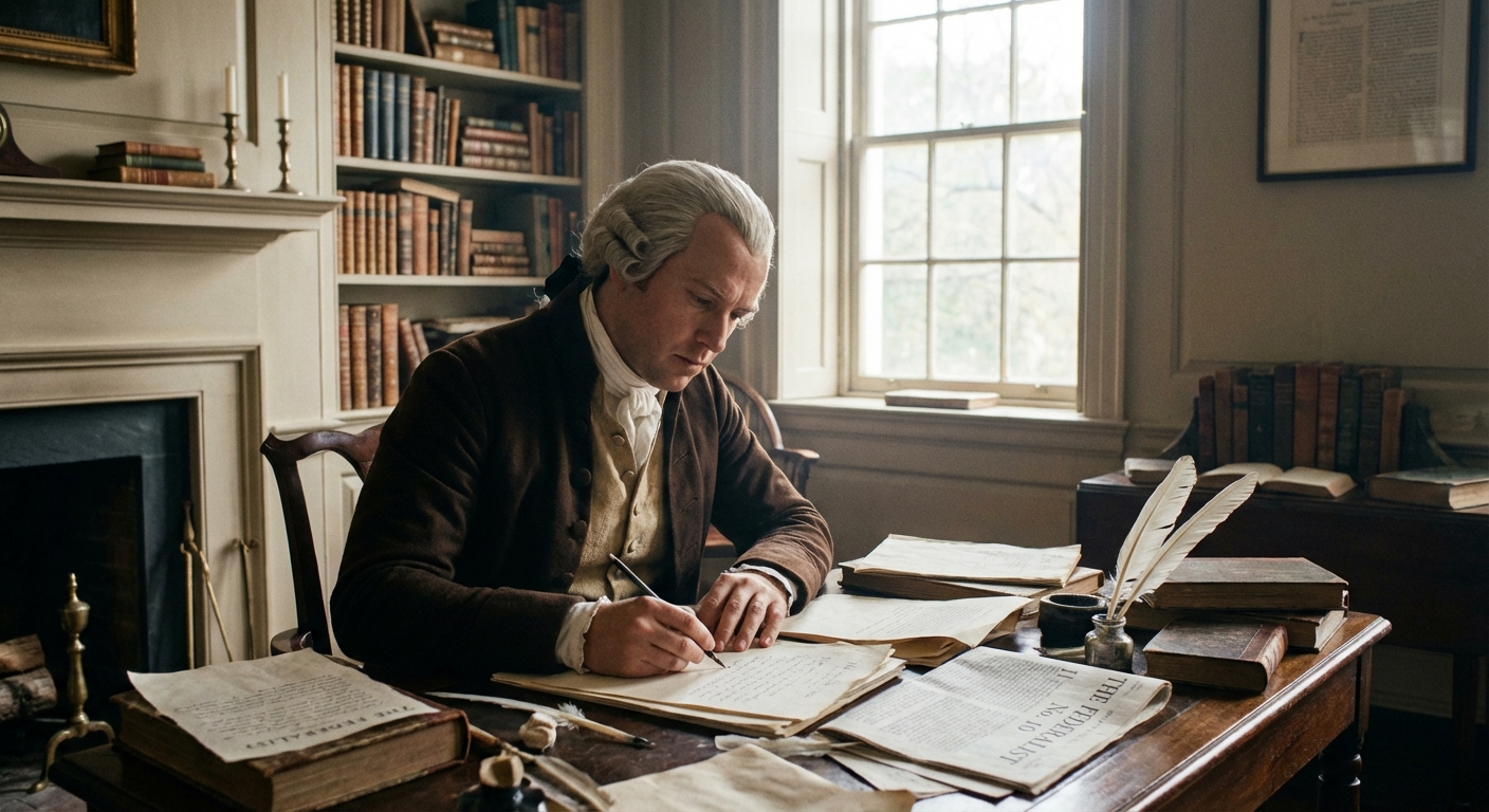 James Madison writing The Federalist Papers