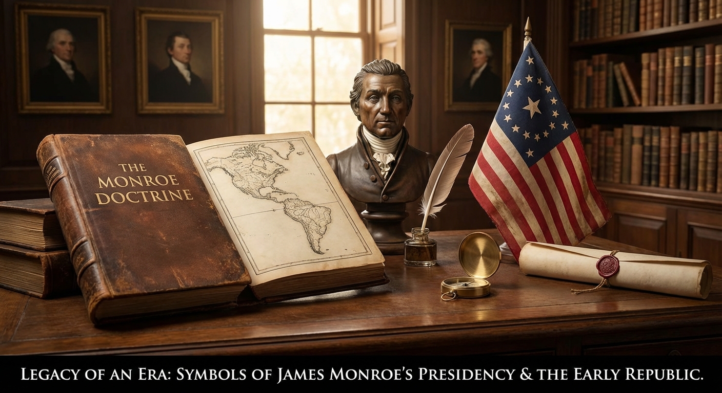 James Monroe's legacy represented through symbols of his presidency and the early American republic