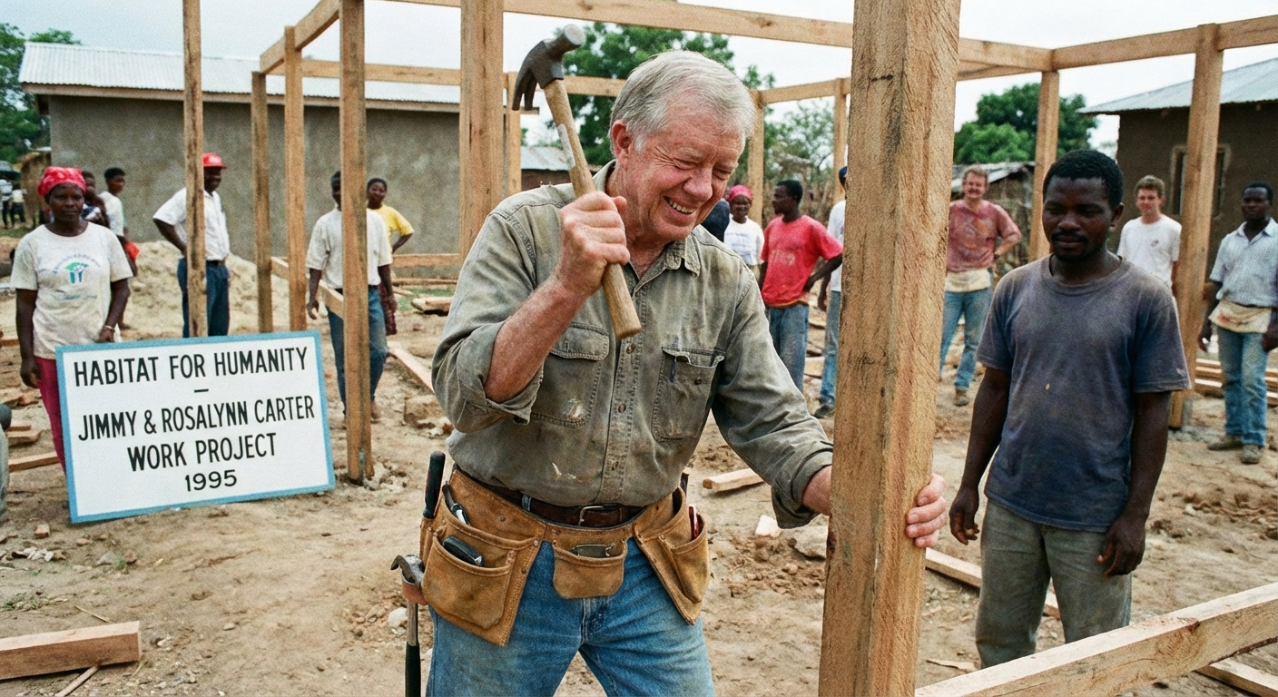 Jimmy Carter engaged in humanitarian work, representing his post-presidency efforts
