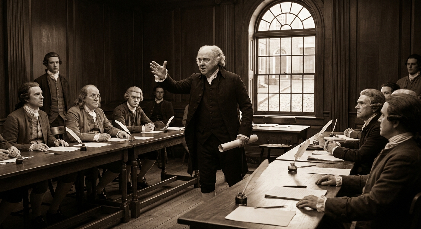 John Adams passionately advocating for American independence at the Continental Congress in 1776