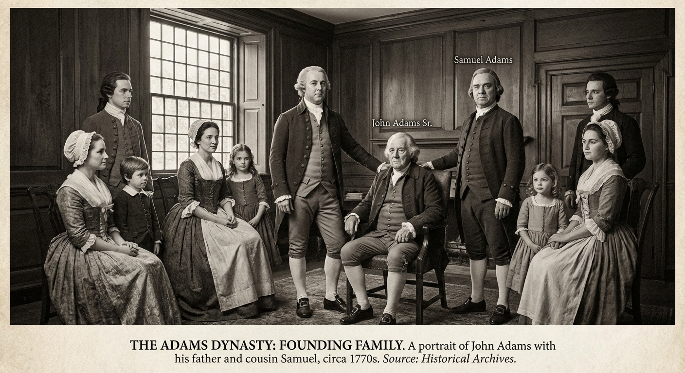 John Adams with his influential family members, including father John Adams Sr. and cousin Samuel Adams
