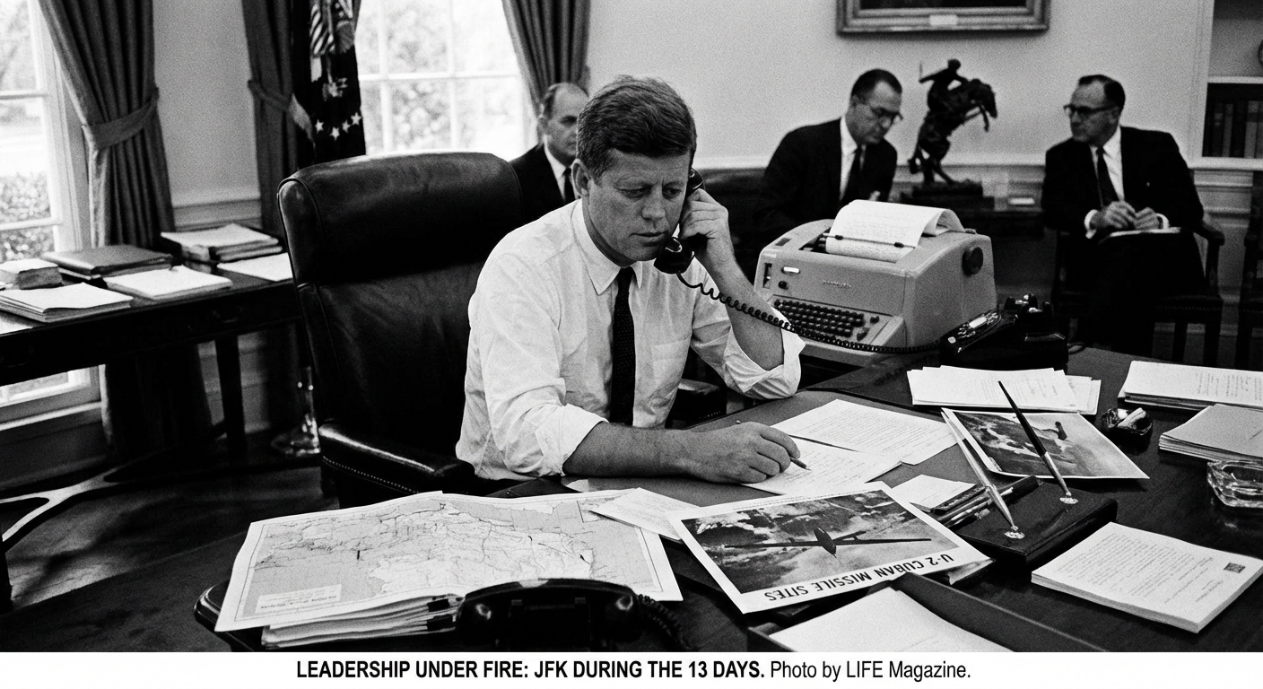 John F. Kennedy working at his desk in the Oval Office, showcasing his leadership during the Cuban Missile Crisis