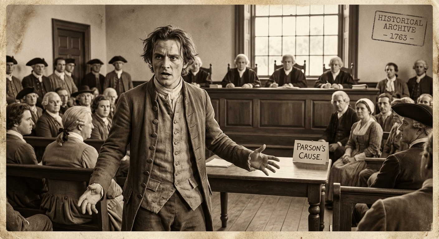 Patrick Henry arguing passionately during the Parson's Cause trial
