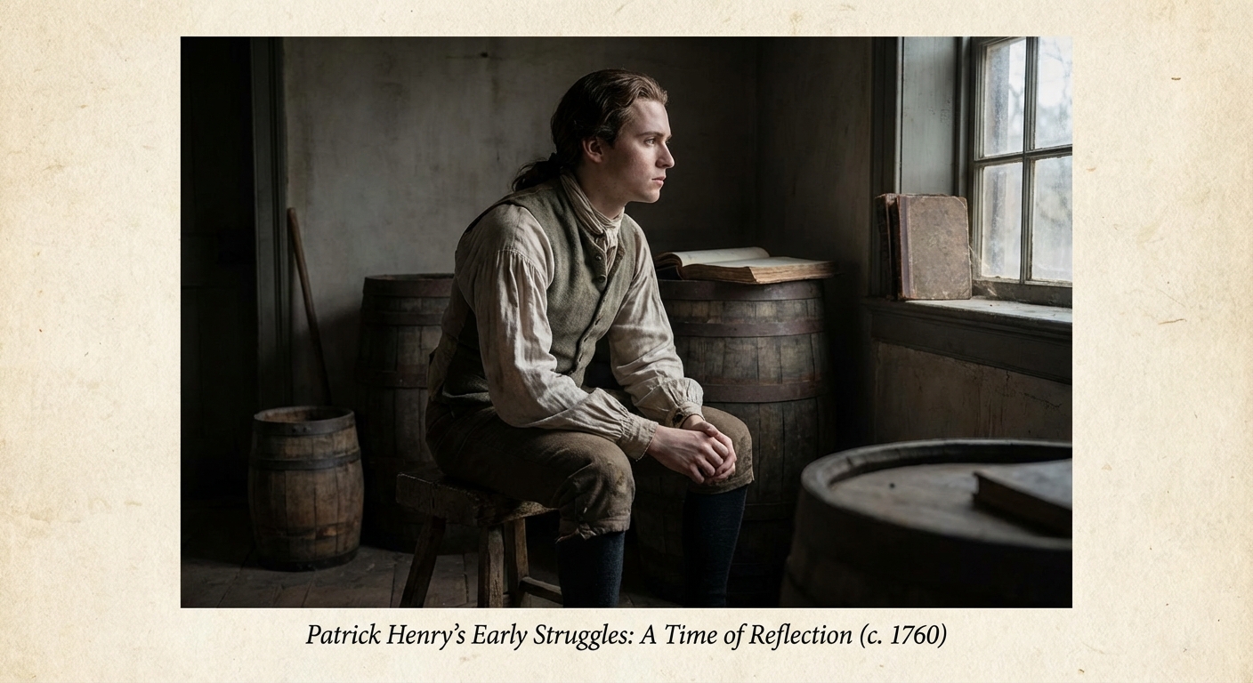 Patrick Henry as a young man, looking pensive after his business failures