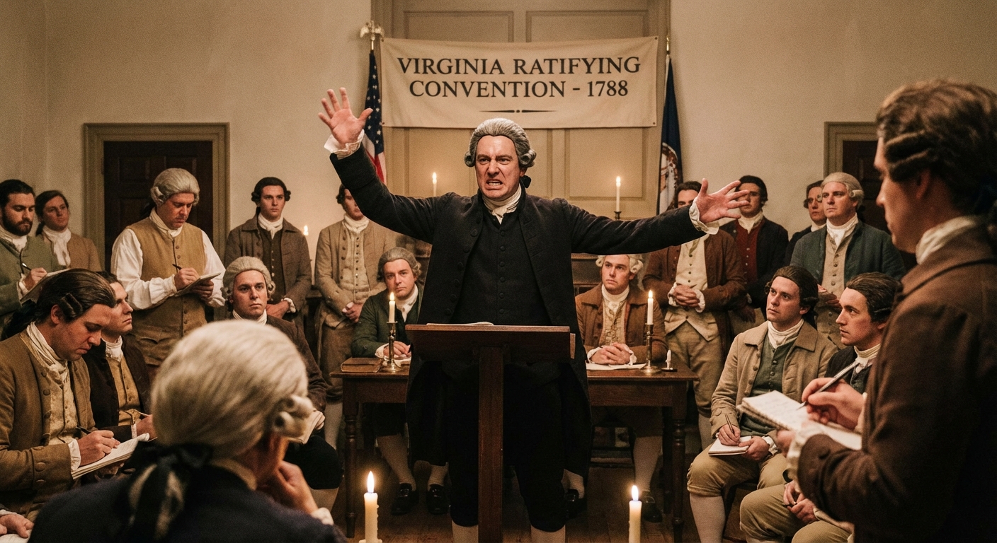 Patrick Henry passionately arguing against the Constitution as an Anti-Federalist