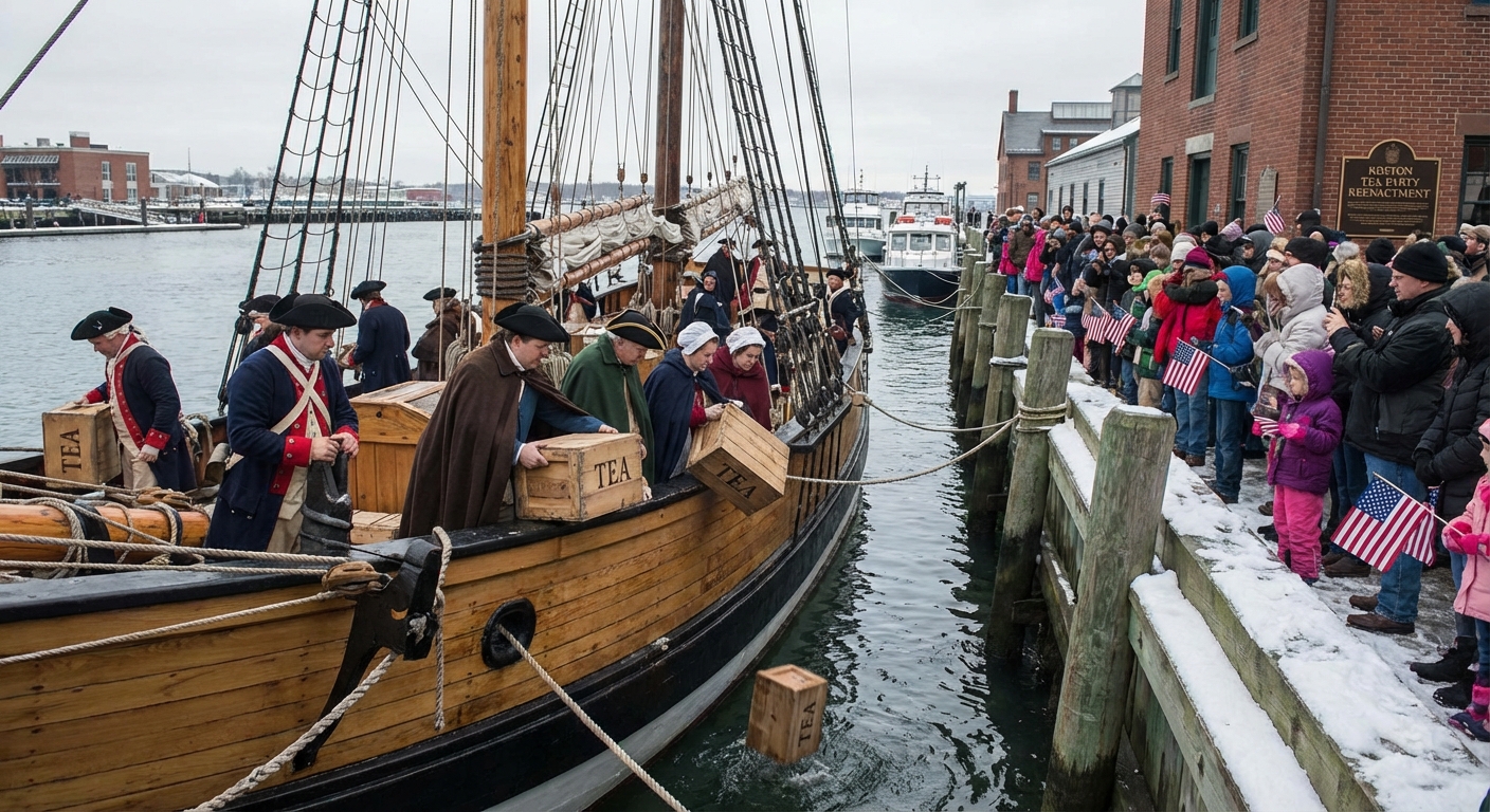 Reenactment of the Boston Tea Party, a pivotal event in the American Revolution