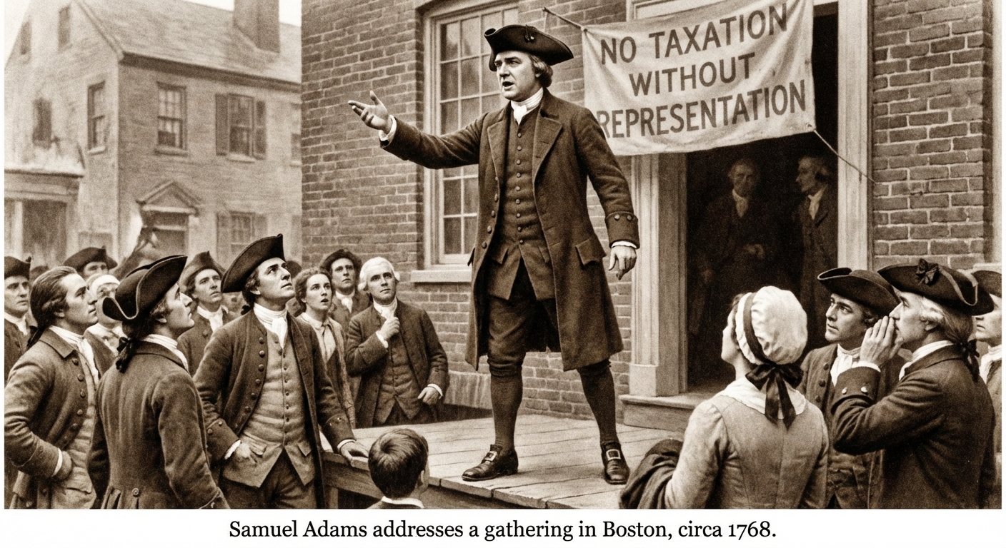 Samuel Adams speaking out against British colonial policies in the 1760s