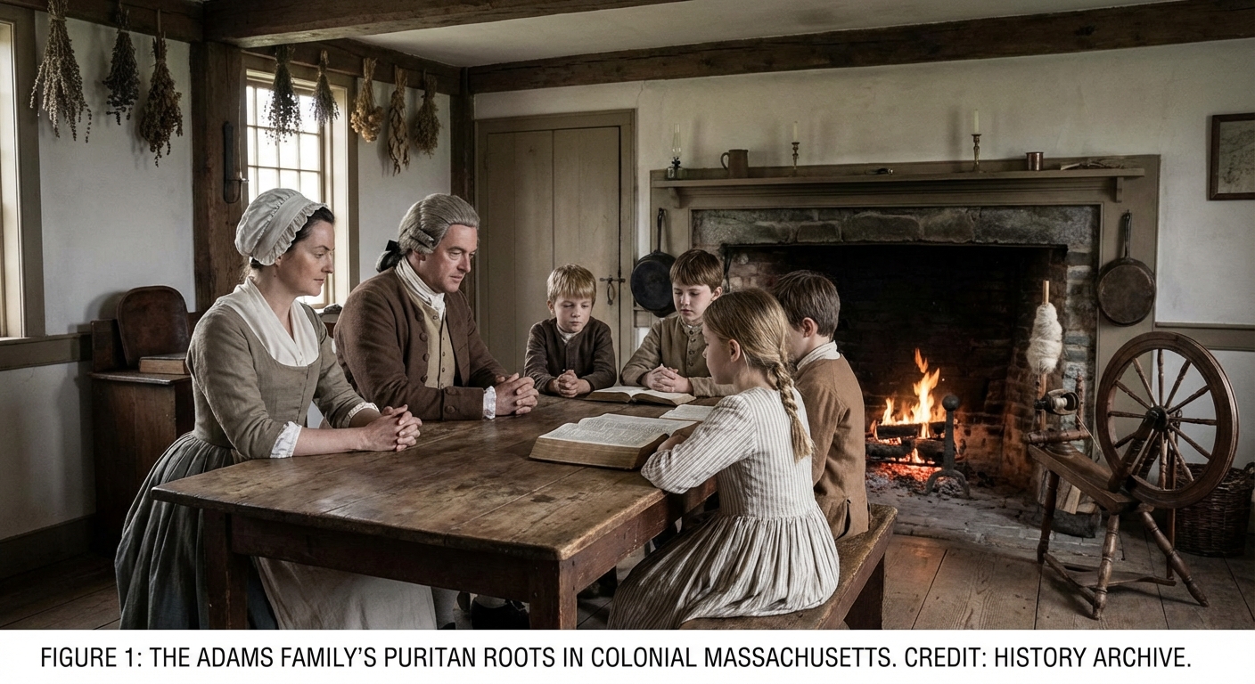 Scene depicting John Adams' family and Puritan upbringing in 18th century Massachusetts