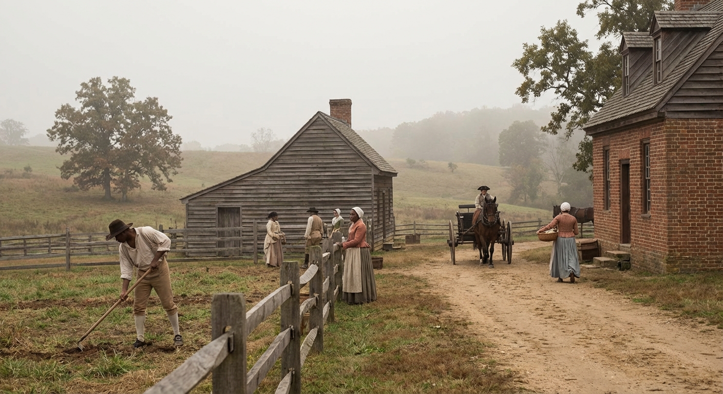 Scene of daily life on a Virginia plantation in Thomas Jefferson's time