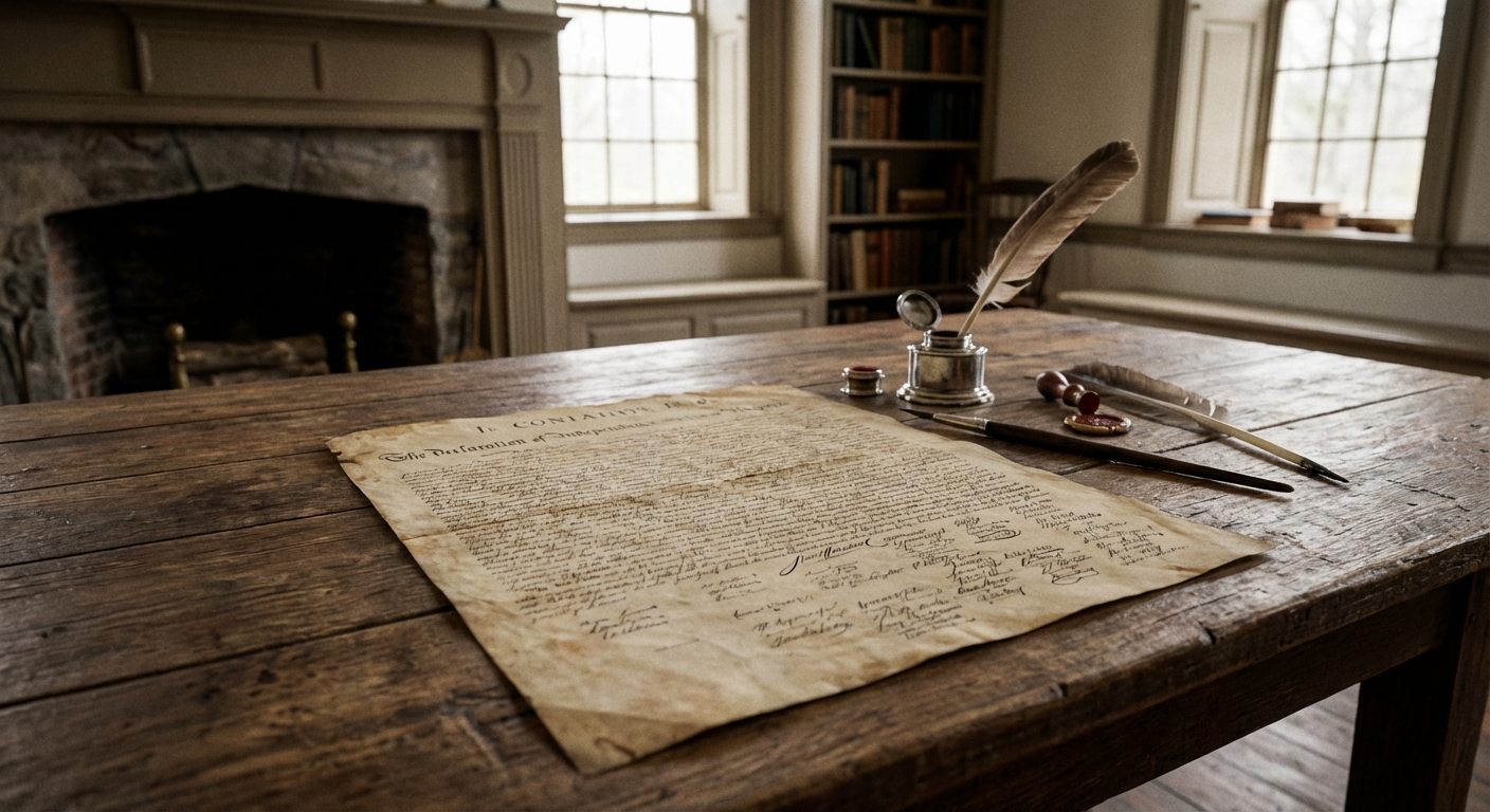 The Declaration of Independence document on a wooden table
