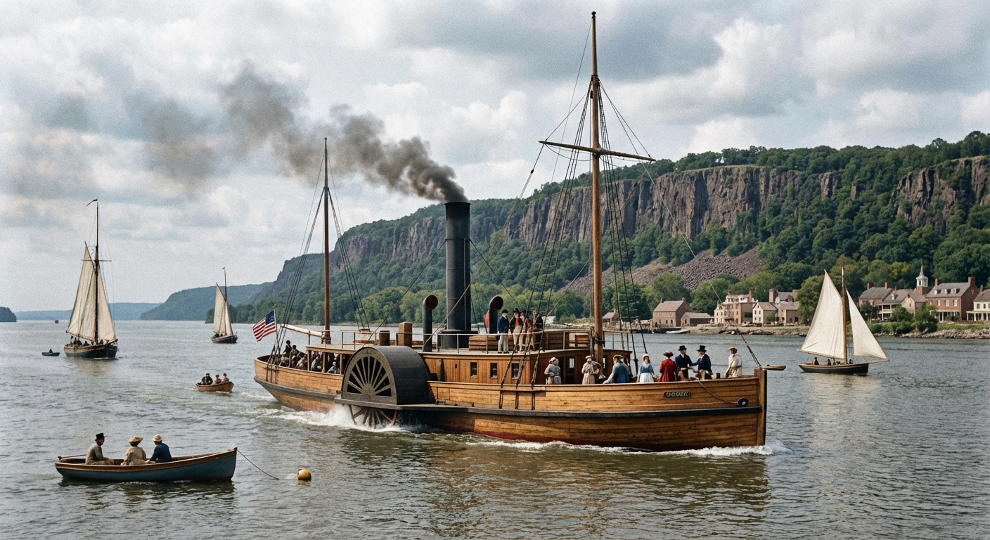 The North River Steamboat, also known as the Clermont, sailing on the Hudson River