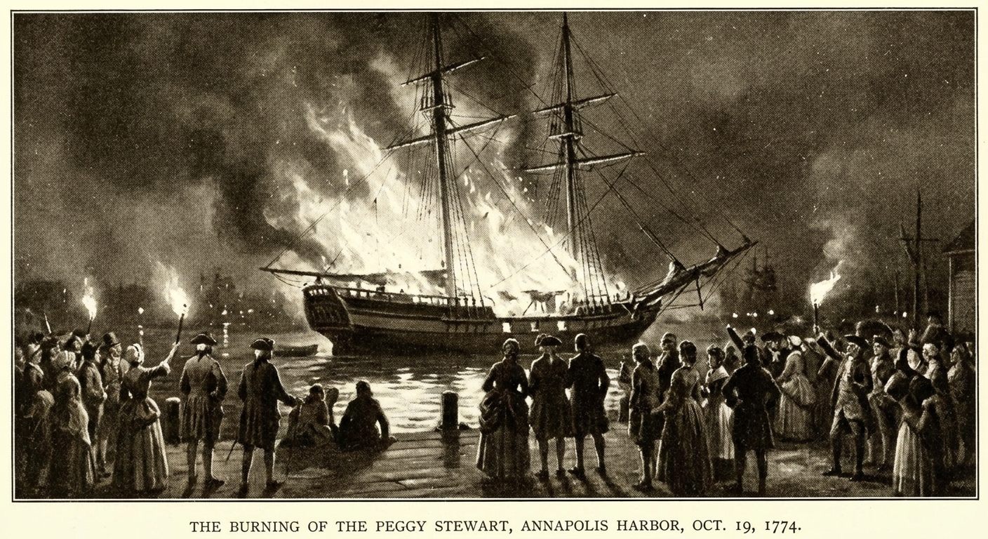 The burning of the Peggy Stewart ship in Annapolis Harbor