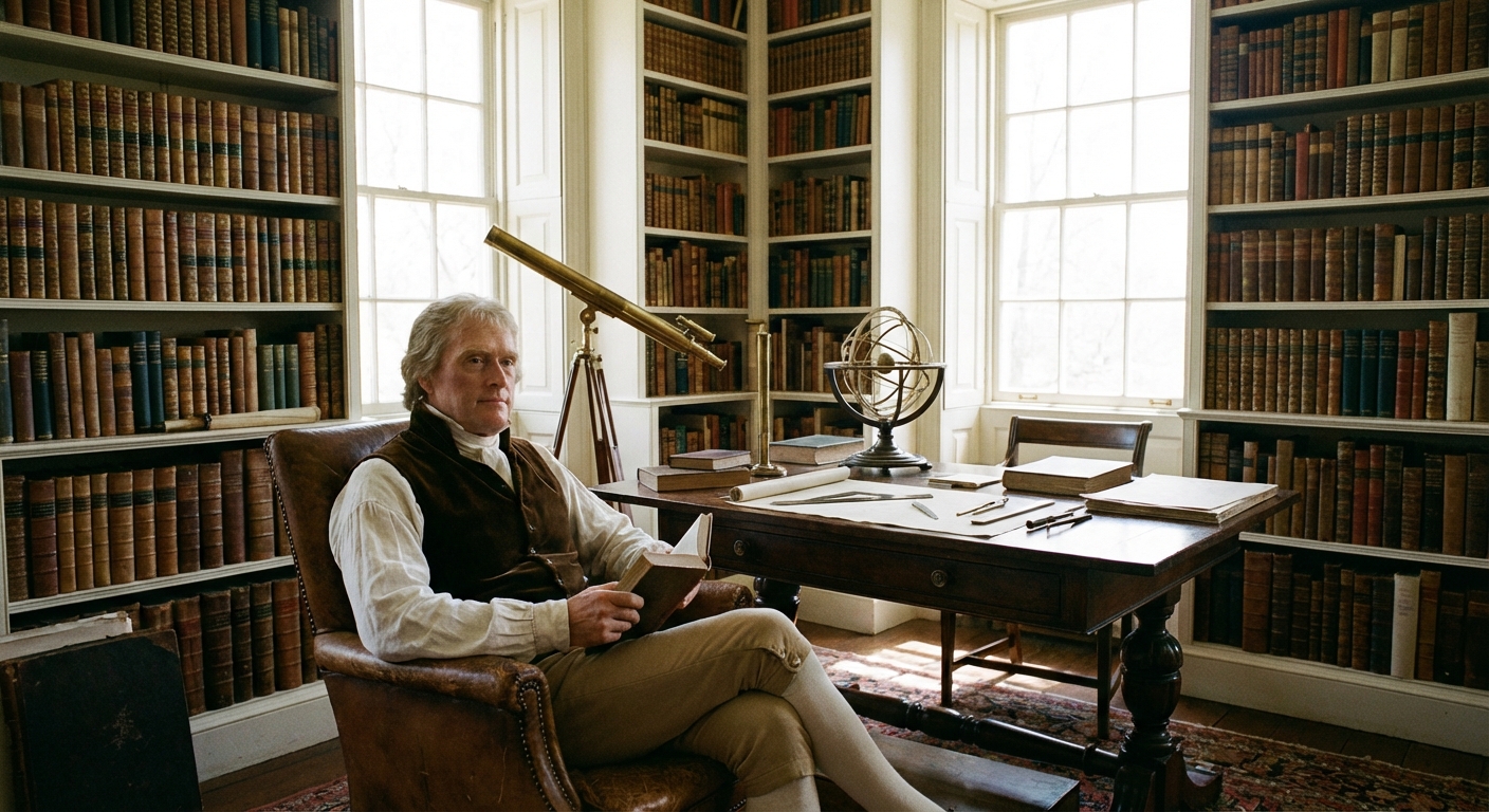 Thomas Jefferson in his personal library at Monticello, surrounded by books and scientific instruments
