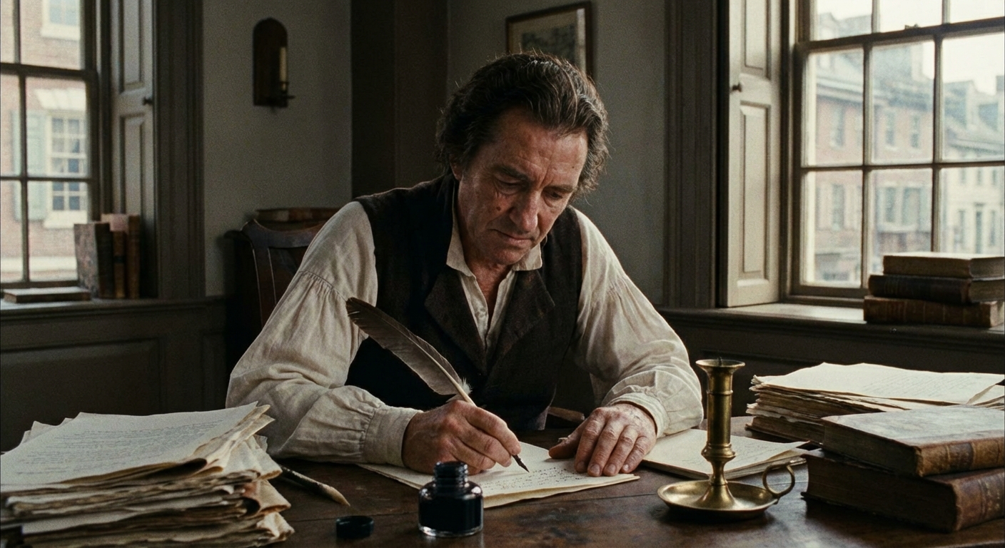 Thomas Paine writing at a desk with quill and paper