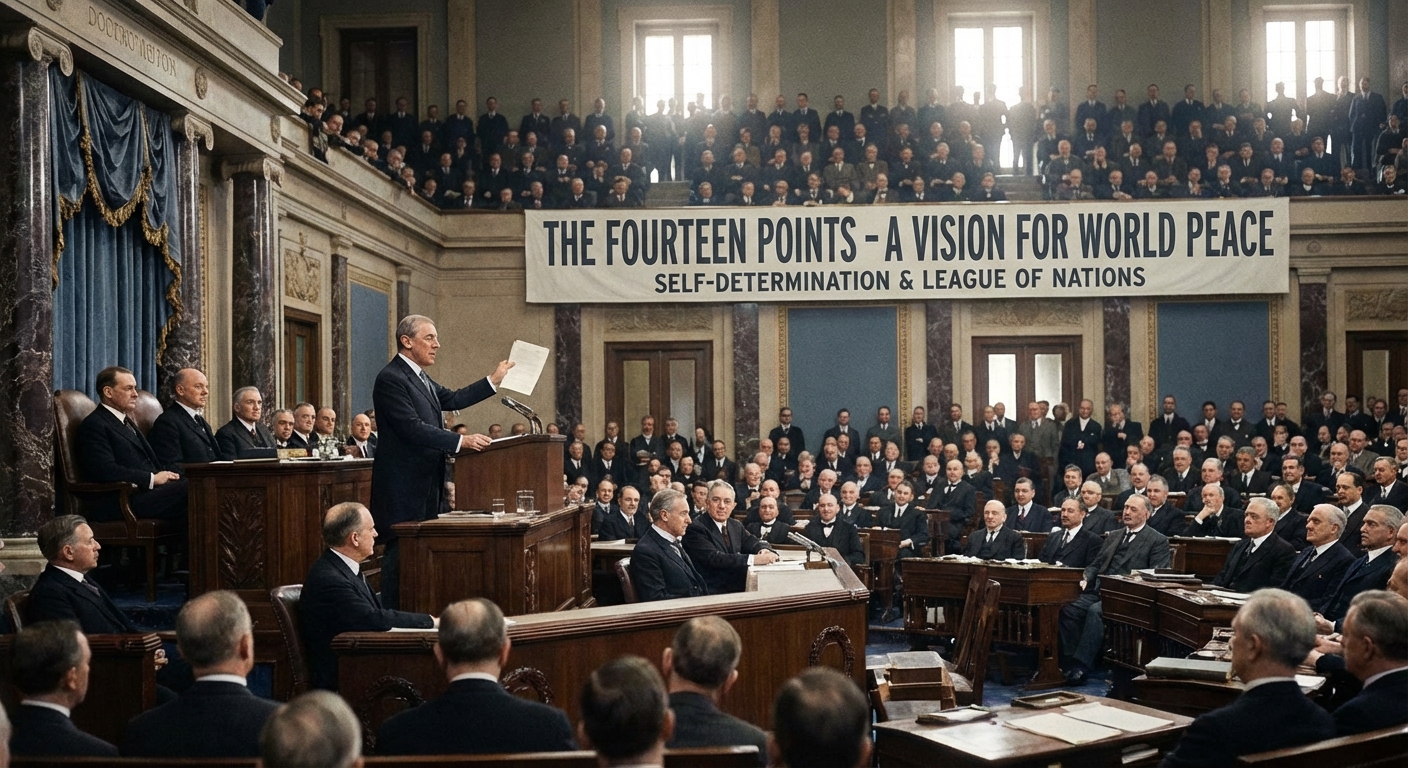 Woodrow Wilson presenting his Fourteen Points, highlighting his vision for international peace
