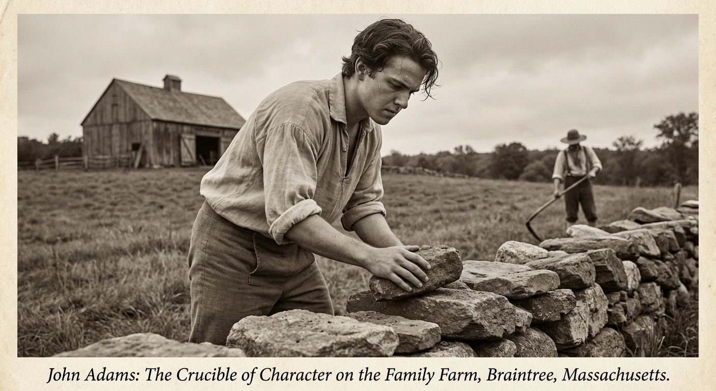 Young John Adams working on his family's farm, building character and work ethic