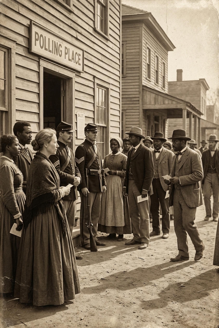 A photorealistic historical-style scene of U.S. soldiers standing guard near a polling place in the Reconstruction-era South while civilians in period clothing walk past, documentary photography look