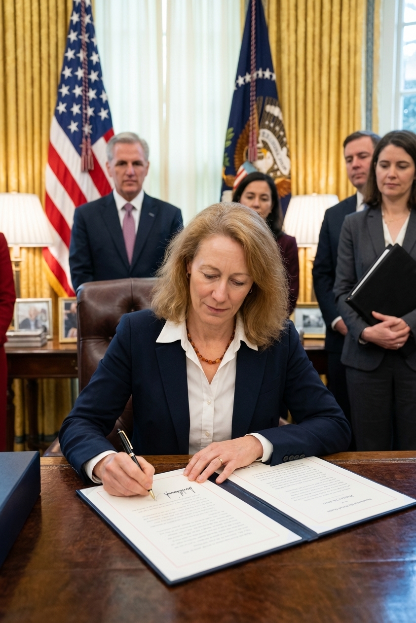 A photorealistic news photograph of a United States President seated at a desk in the Oval Office signing a document with aides standing nearby, flags in the background, warm indoor lighting