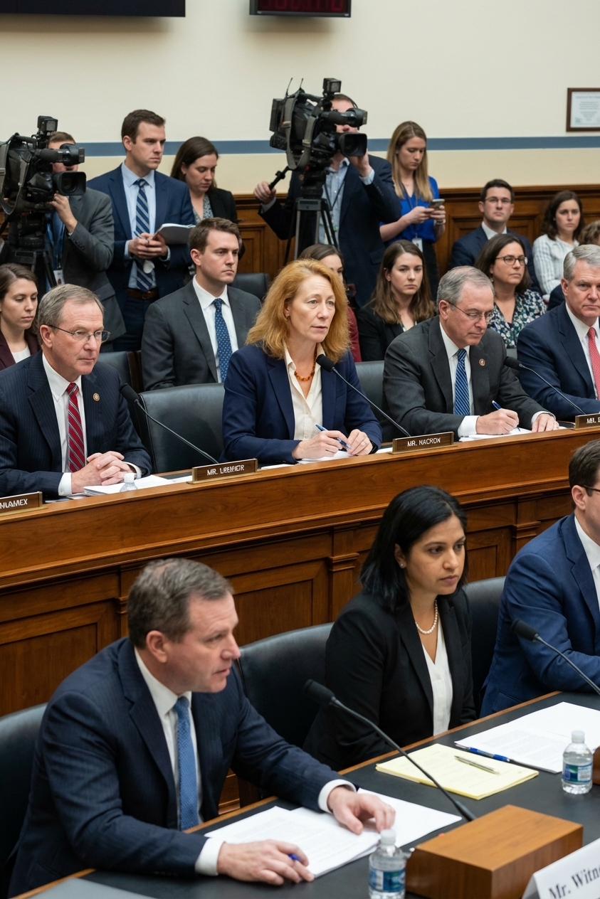 A photorealistic news photograph of a congressional hearing room with lawmakers seated at a dais, witnesses at a table with microphones, and staff and press in the background under bright indoor lighting