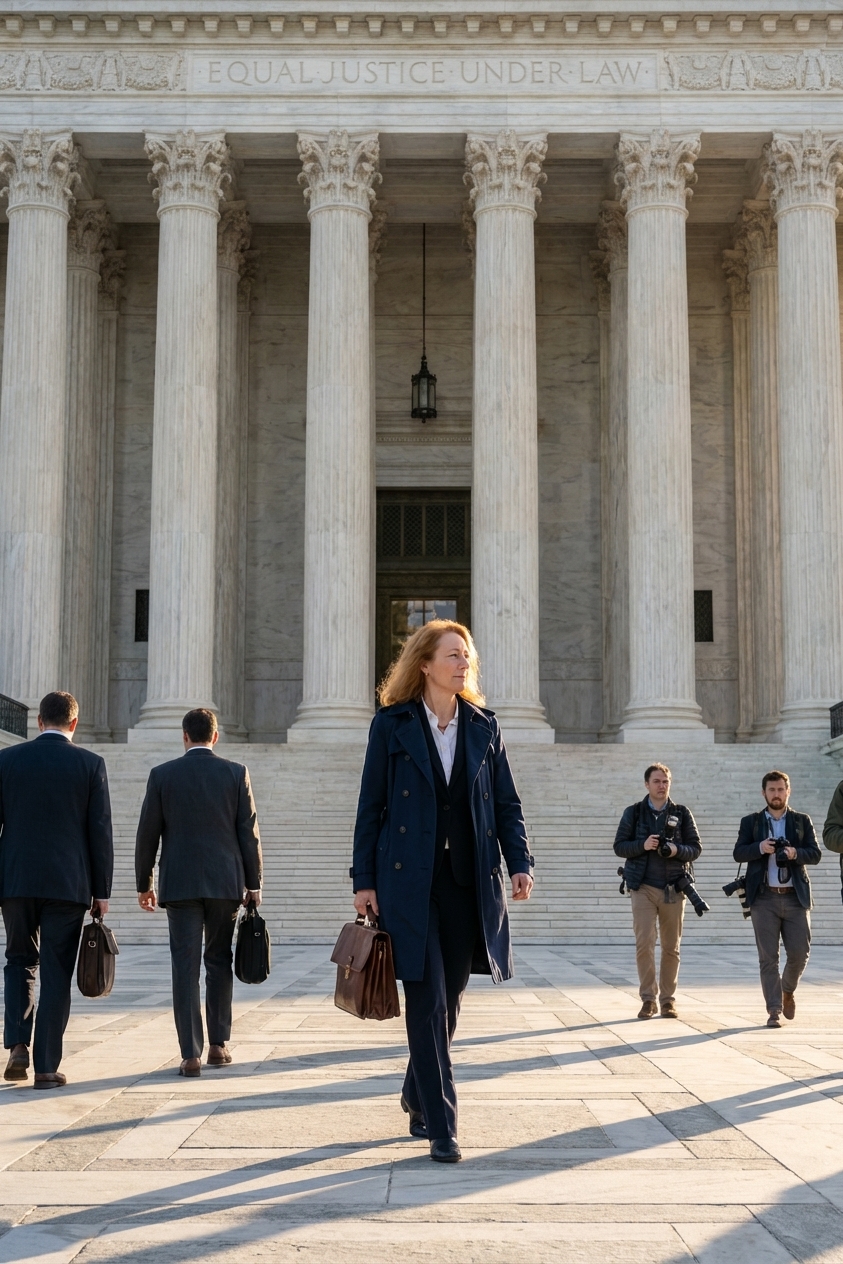 A photorealistic news photograph of the United States Supreme Court building front steps with the marble columns visible, taken at ground level in soft morning light, with a few pedestrians on the plaza
