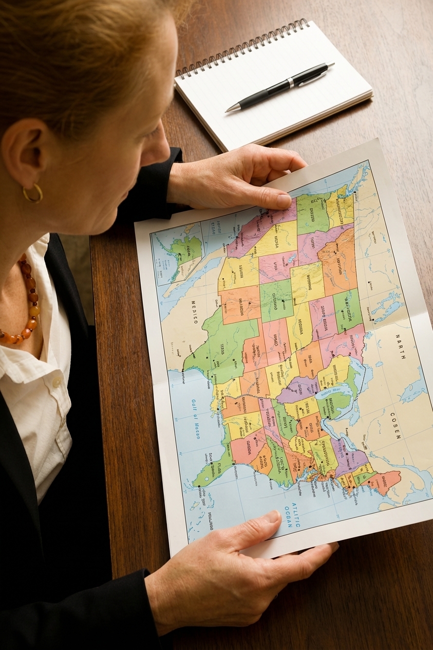 A photorealistic overhead photograph of a person’s hands holding a printed political map of the United States on a wooden desk, with a notebook and pen nearby