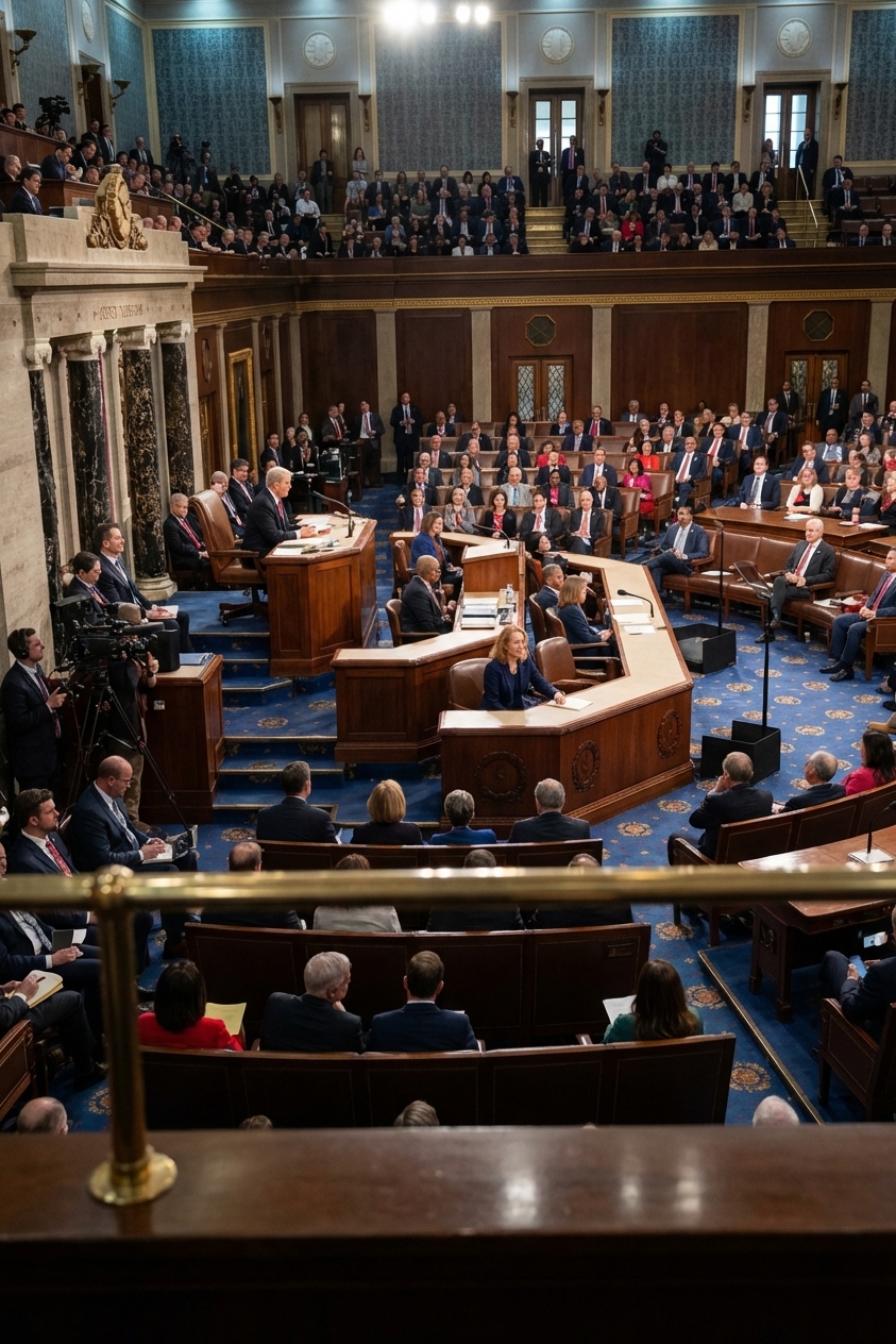 A photorealistic wide-angle photograph of the United States House of Representatives chamber with members seated and the rostrum visible, taken from the gallery