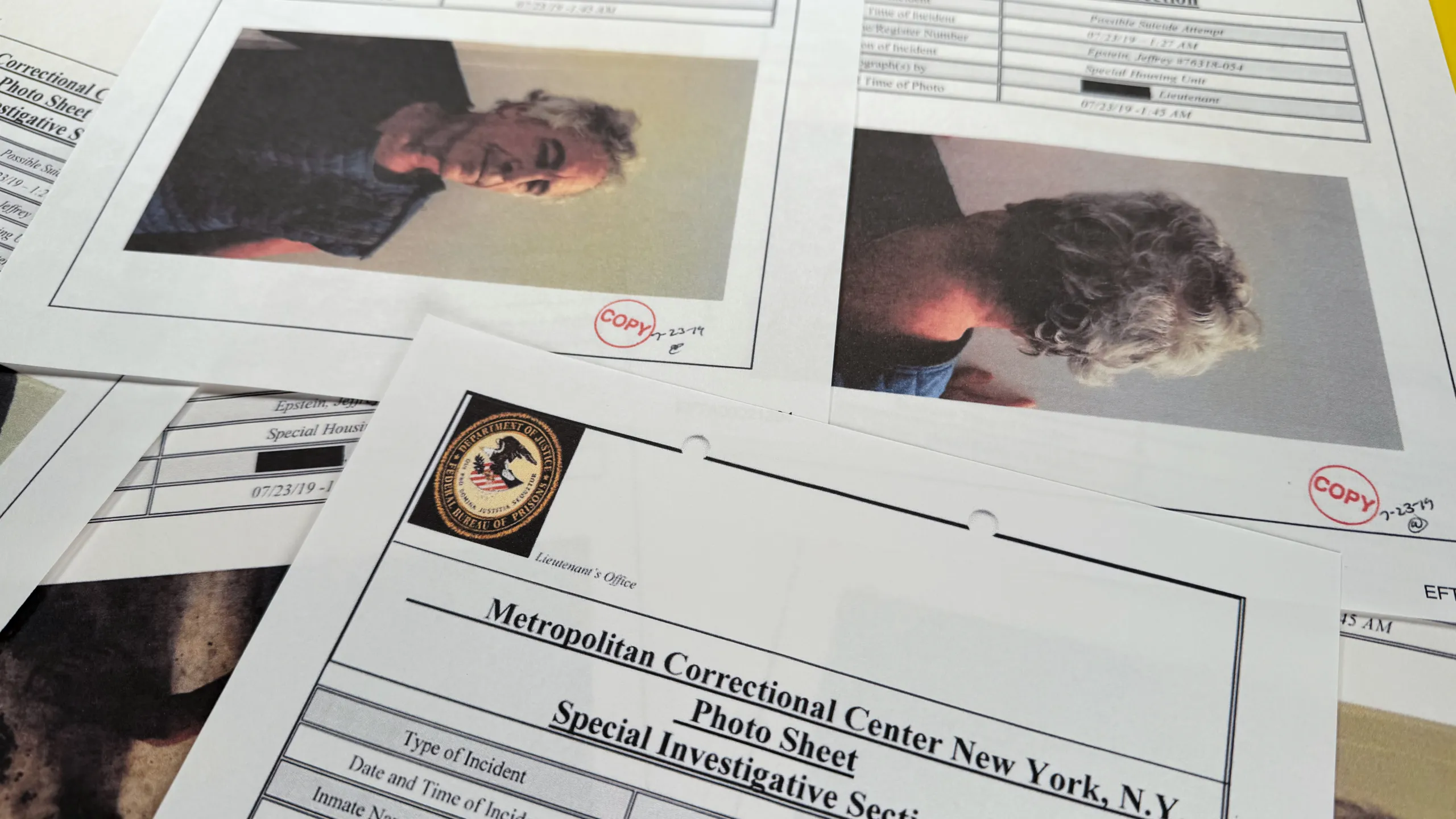 A police detective standing in an evidence room holding a file folder and looking at sealed evidence bags on shelves, realistic news photography