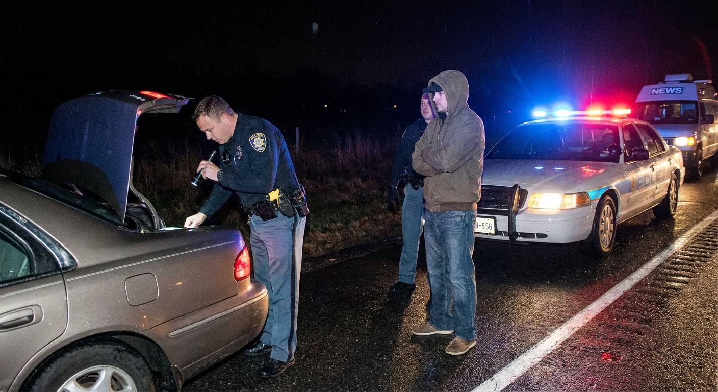 A police officer conducting a roadside search of a car with the driver standing nearby during a nighttime traffic stop, documentary news photography style