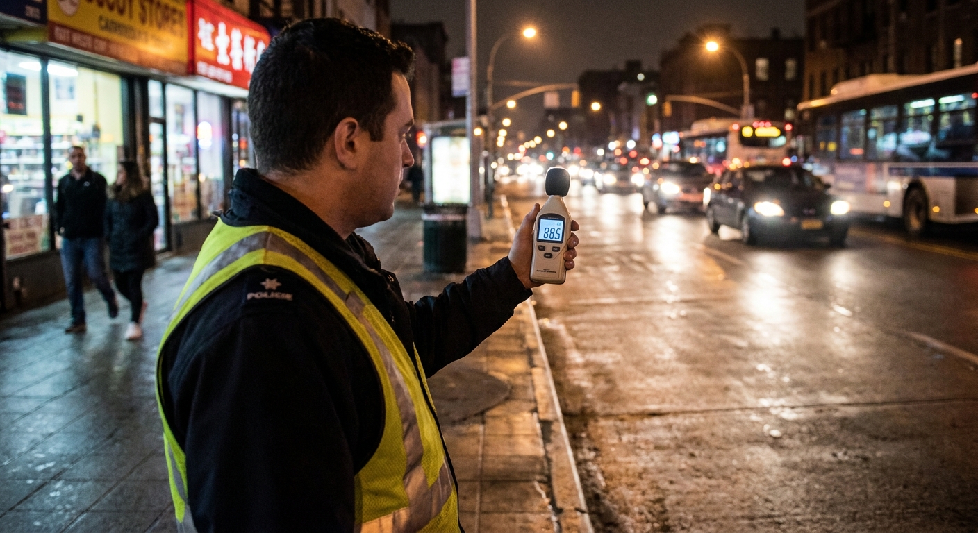 A police officer holding a decibel meter on a sidewalk at night near a busy street, real photograph style